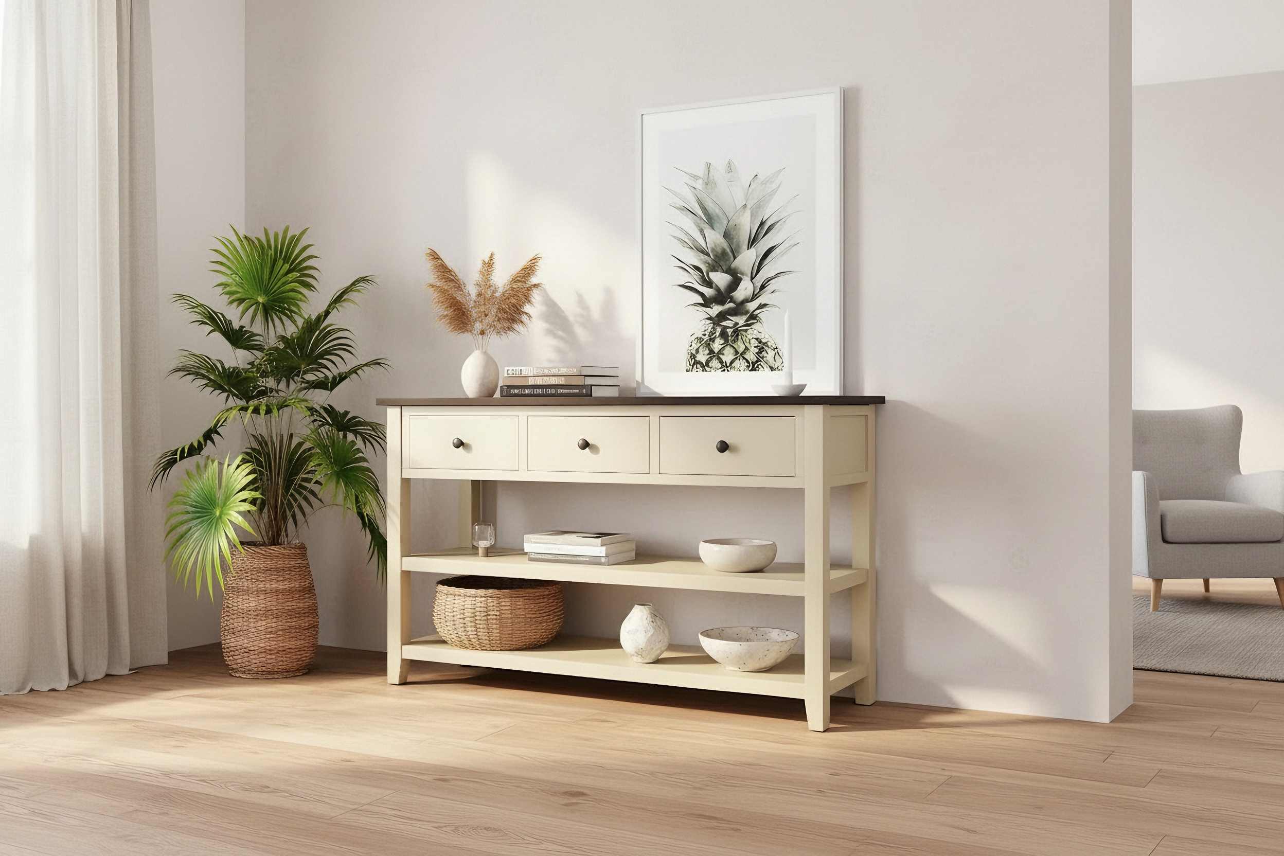 Table console de style Mid-Century avec tiroir et deux étagères ouvertes
