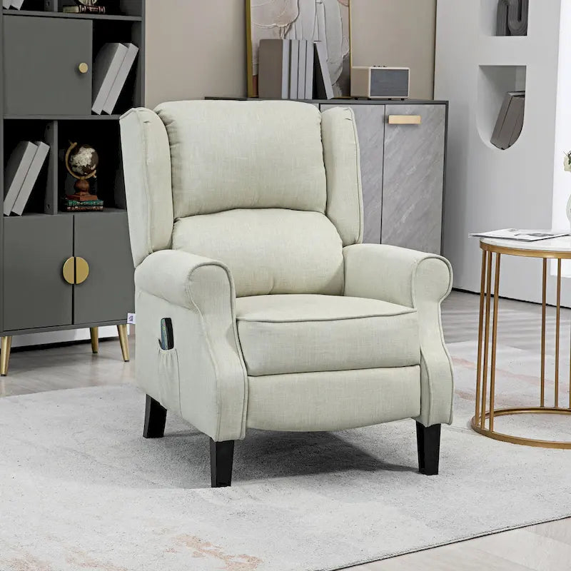Fauteuil inclinable en lin à oreilles avec massage vibrant, chauffage et repose-pieds