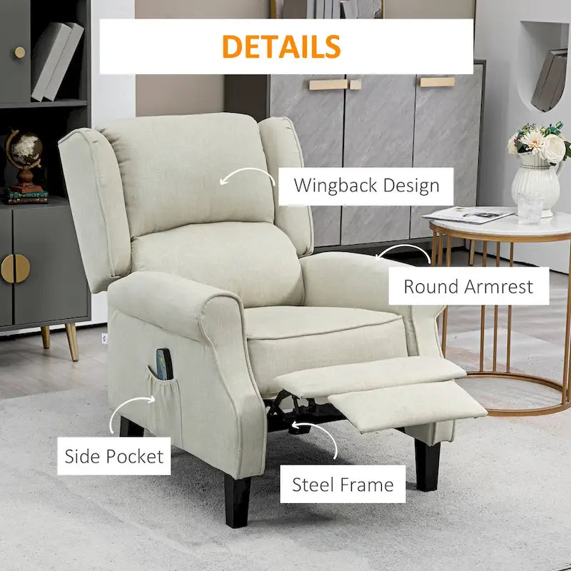 Fauteuil inclinable en lin à oreilles avec massage vibrant, chauffage et repose-pieds