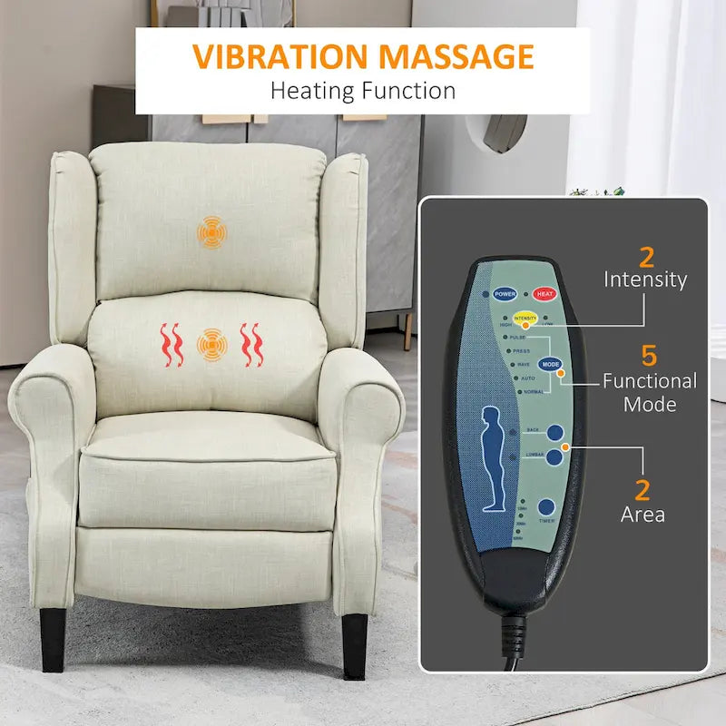 Fauteuil inclinable en lin à oreilles avec massage vibrant, chauffage et repose-pieds