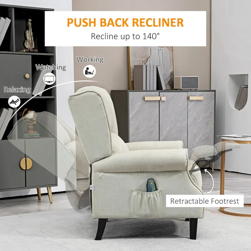 Fauteuil inclinable en lin à oreilles avec massage vibrant, chauffage et repose-pieds