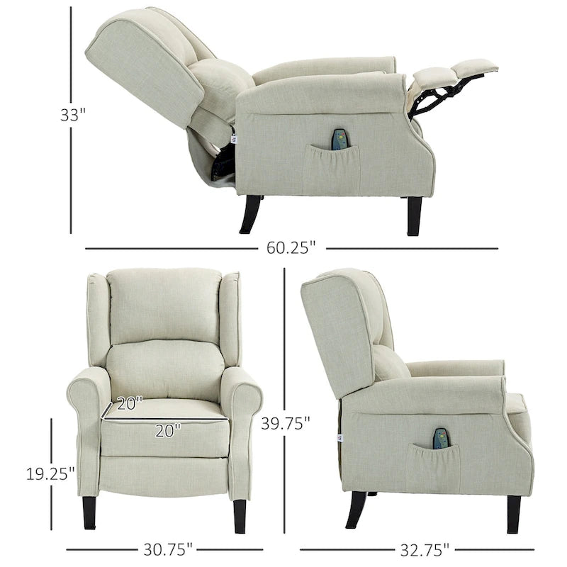 Fauteuil inclinable en lin à oreilles avec massage vibrant, chauffage et repose-pieds