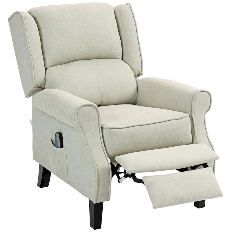 Fauteuil inclinable en lin à oreilles avec massage vibrant, chauffage et repose-pieds