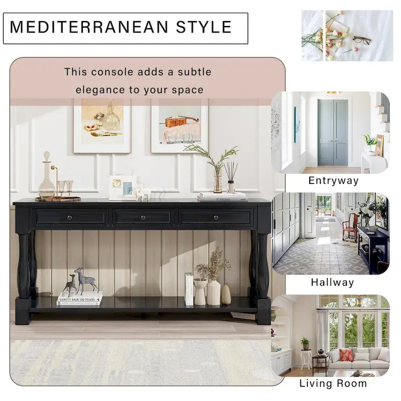 Console de style méditerranéen avec 3 tiroirs et étagère inférieure ouverte