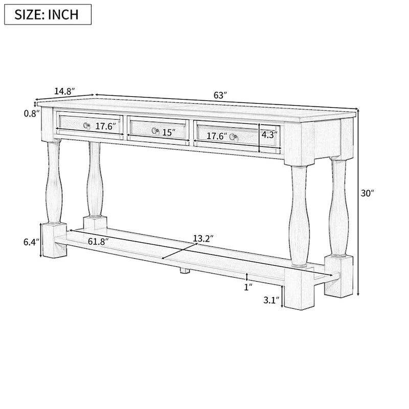 Console de style méditerranéen avec 3 tiroirs et étagère inférieure ouverte