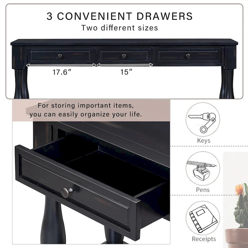 Console de style méditerranéen avec 3 tiroirs et étagère inférieure ouverte