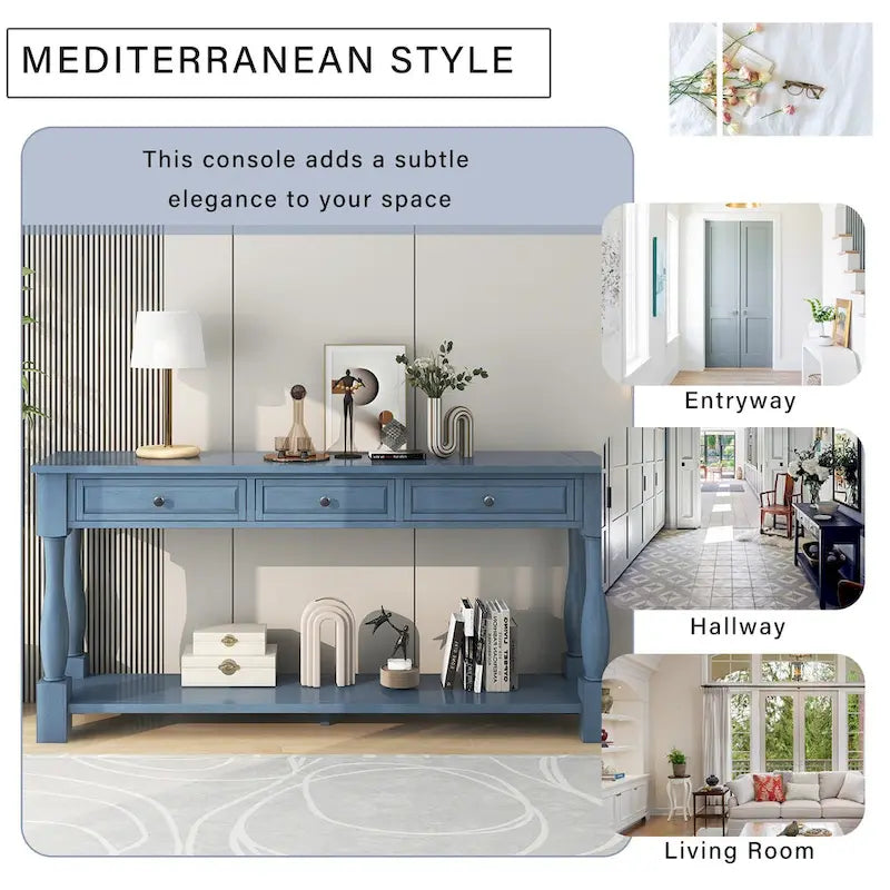 Console de style méditerranéen avec 3 tiroirs et étagère inférieure ouverte