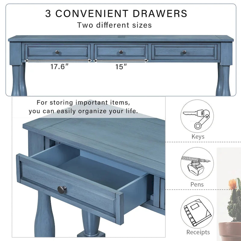 Console de style méditerranéen avec 3 tiroirs et étagère inférieure ouverte