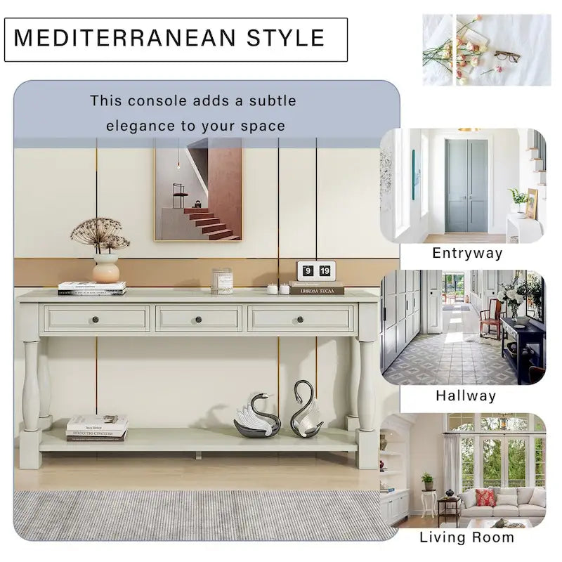 Console de style méditerranéen avec 3 tiroirs et étagère inférieure ouverte