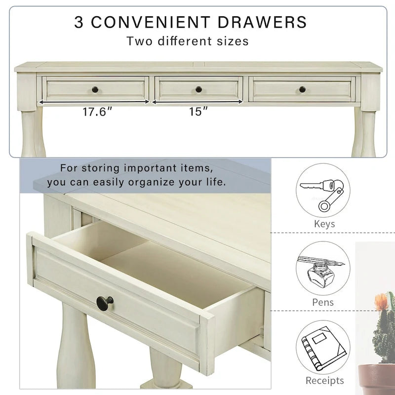 Console de style méditerranéen avec 3 tiroirs et étagère inférieure ouverte