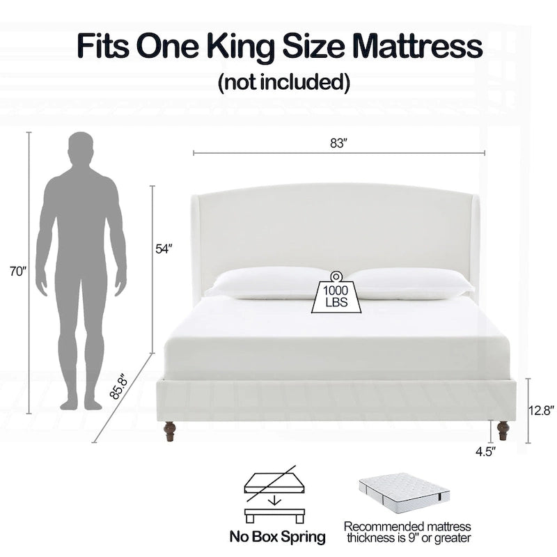 Lit King size capitonné à oreilles avec tête de lit en dos-d'âne et pieds en noyer
