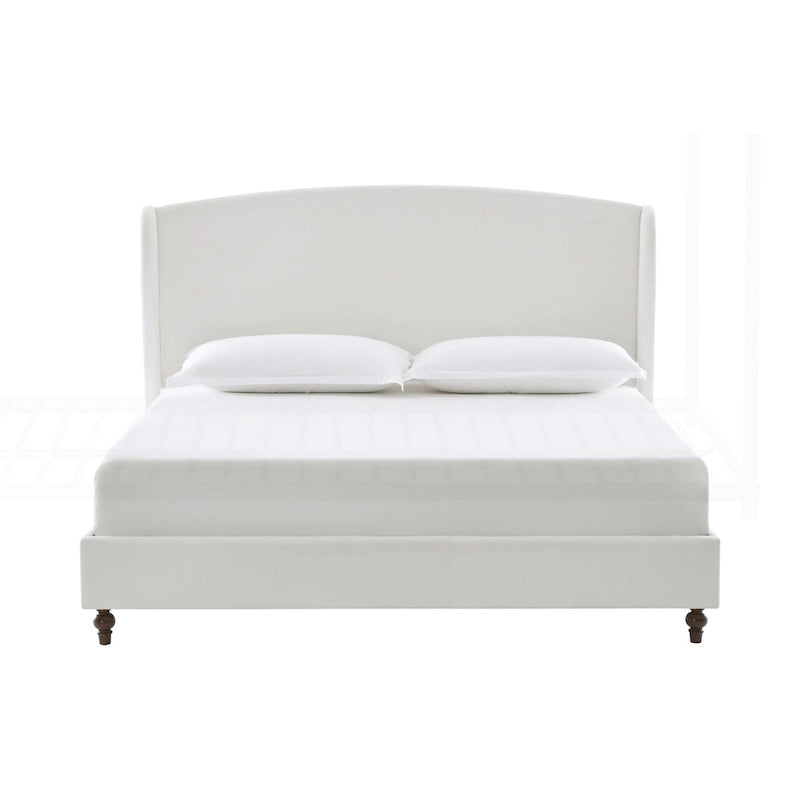 Lit King size capitonné à oreilles avec tête de lit en dos-d'âne et pieds en noyer