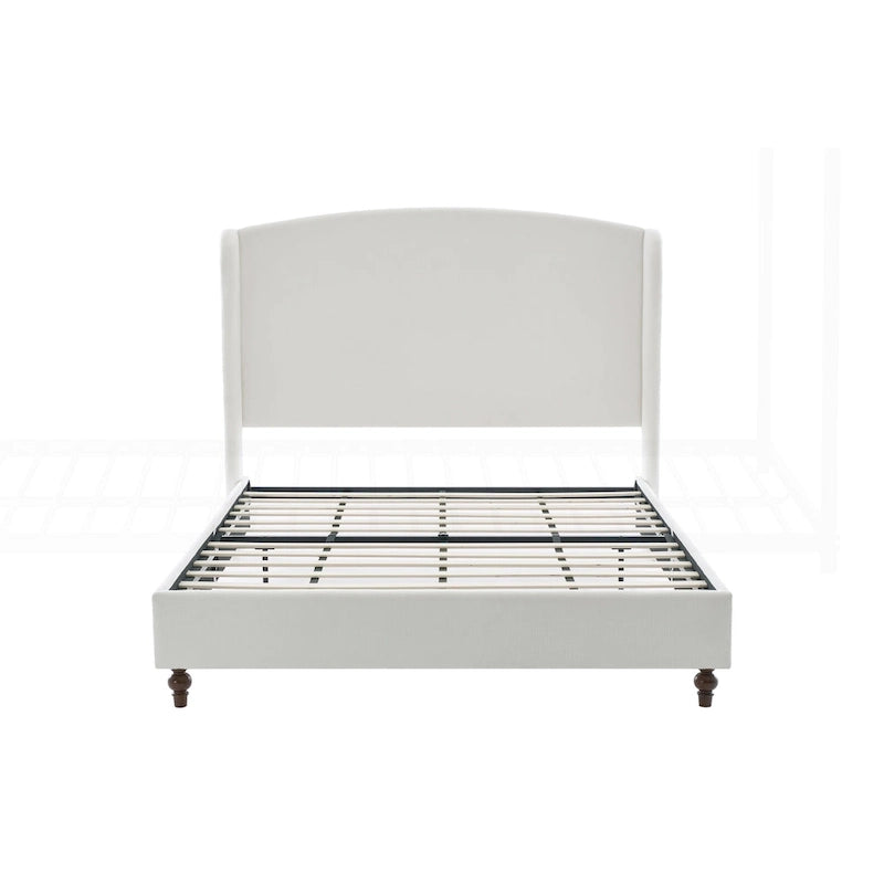Lit King size capitonné à oreilles avec tête de lit en dos-d'âne et pieds en noyer