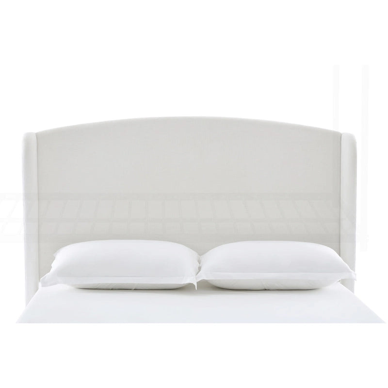 Lit King size capitonné à oreilles avec tête de lit en dos-d'âne et pieds en noyer