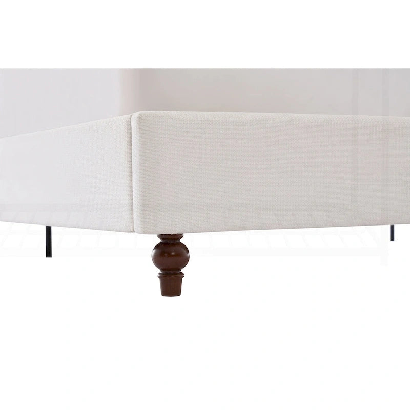 Lit King size capitonné à oreilles avec tête de lit en dos-d'âne et pieds en noyer