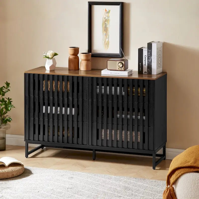 Commode 6 tiroirs avec portes grillagées – Noir et marron