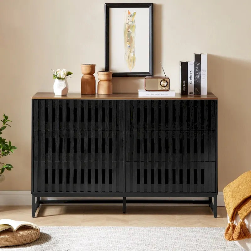 Commode 6 tiroirs avec portes grillagées – Noir et marron