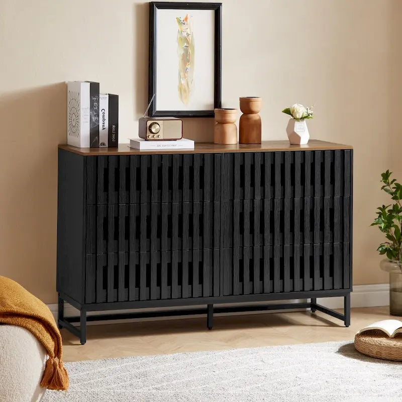 Commode 6 tiroirs avec portes grillagées – Noir et marron