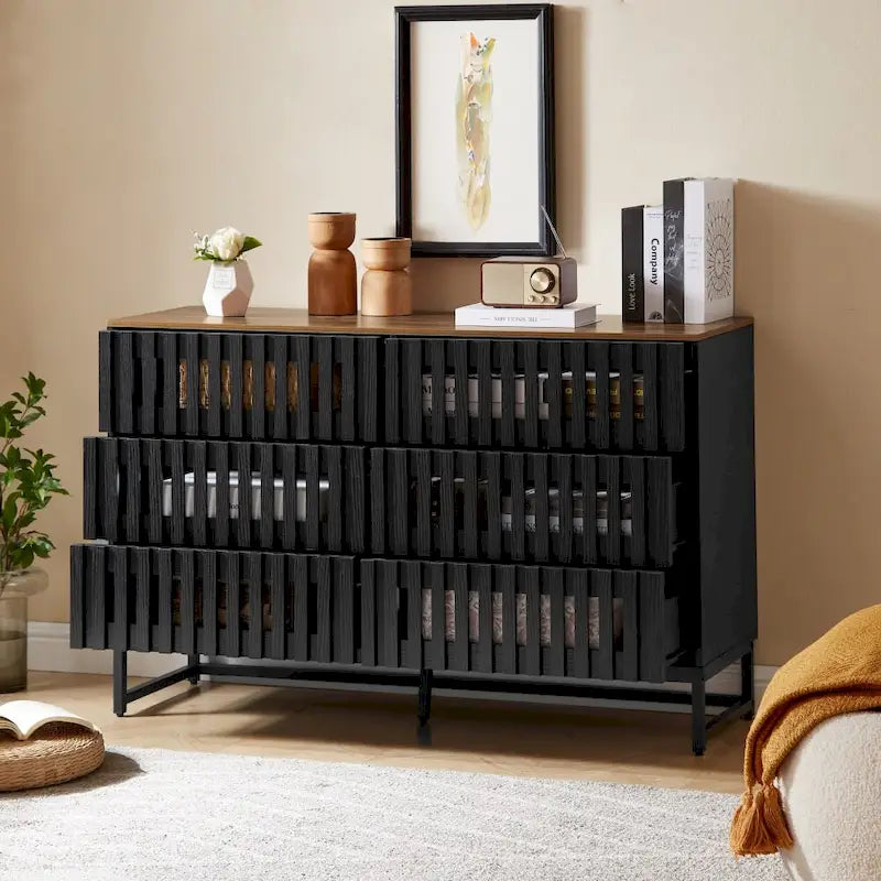 Commode 6 tiroirs avec portes grillagées – Noir et marron