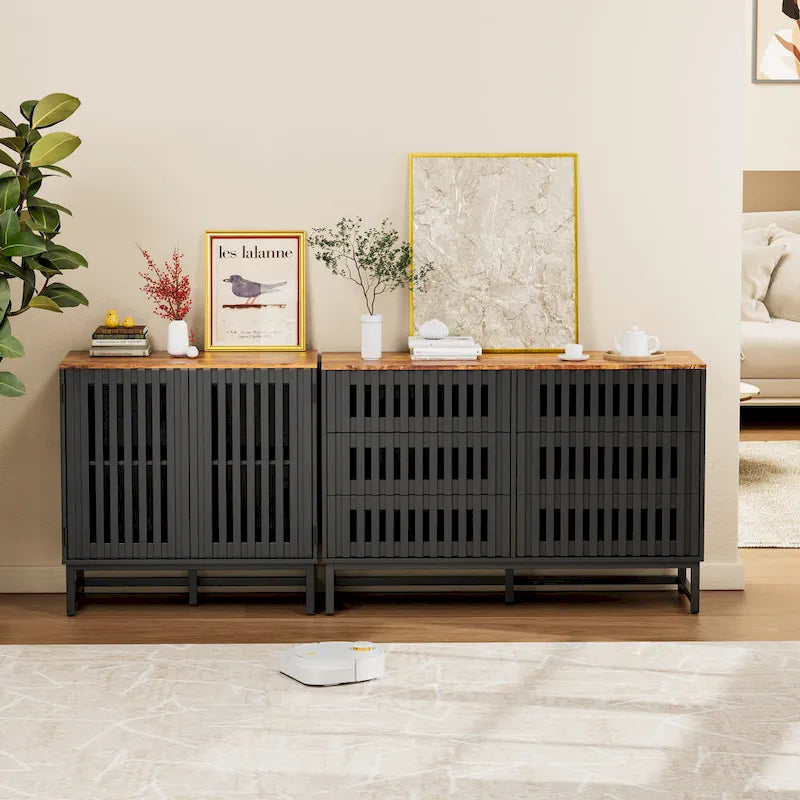 Commode 6 tiroirs avec portes grillagées – Noir et marron