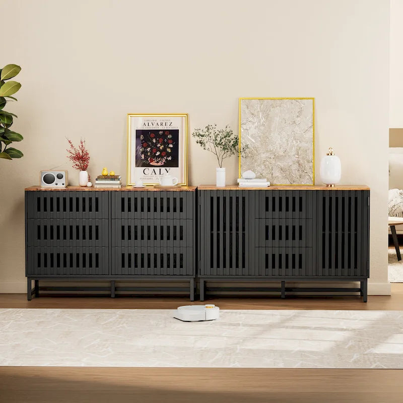Commode 6 tiroirs avec portes grillagées – Noir et marron