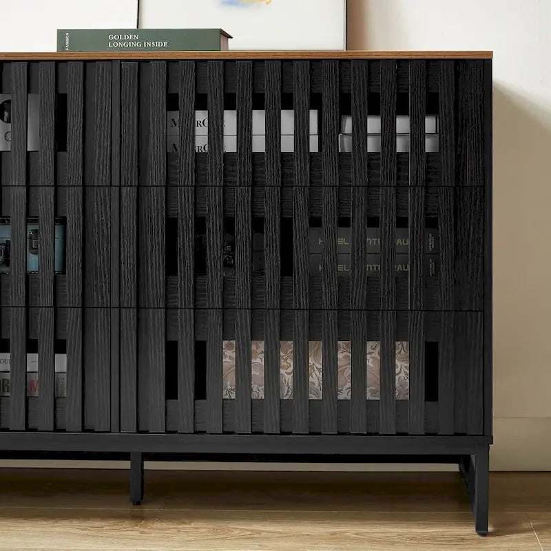 Commode 6 tiroirs avec portes grillagées – Noir et marron