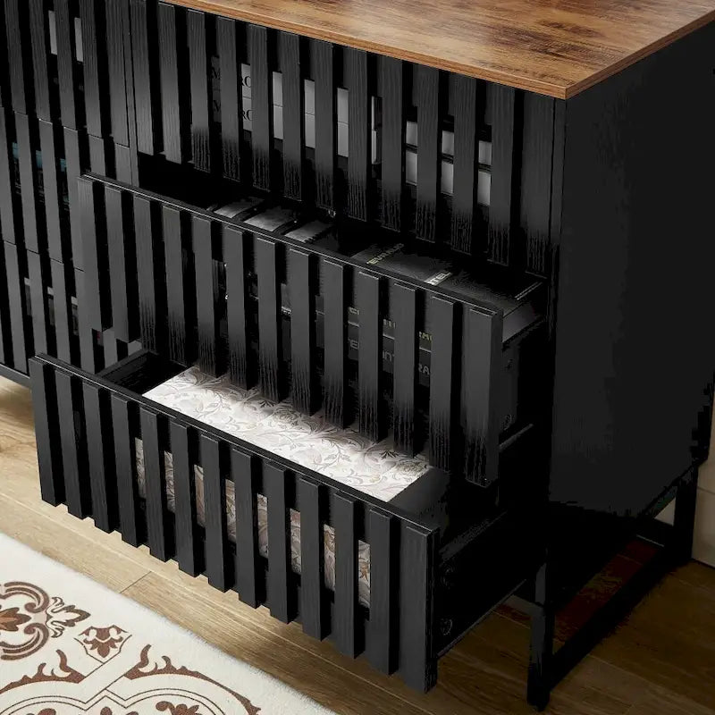 Commode 6 tiroirs avec portes grillagées – Noir et marron