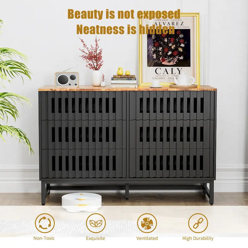 Commode 6 tiroirs avec portes grillagées – Noir et marron
