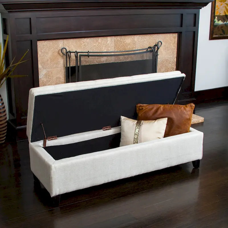 Banc de rangement capitonné en lin avec plateau coussiné