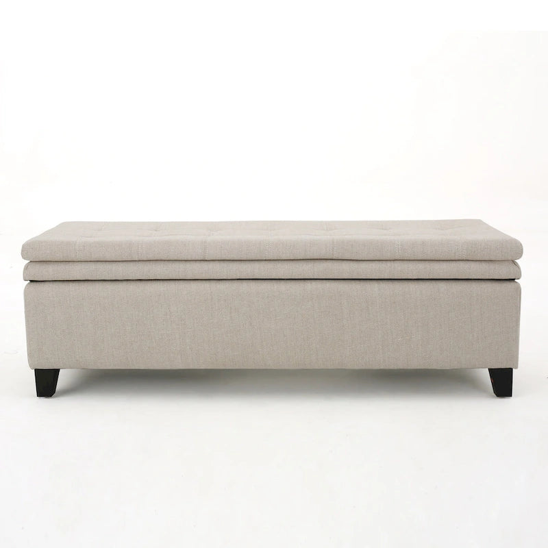 Banc de rangement capitonné en lin avec plateau coussiné