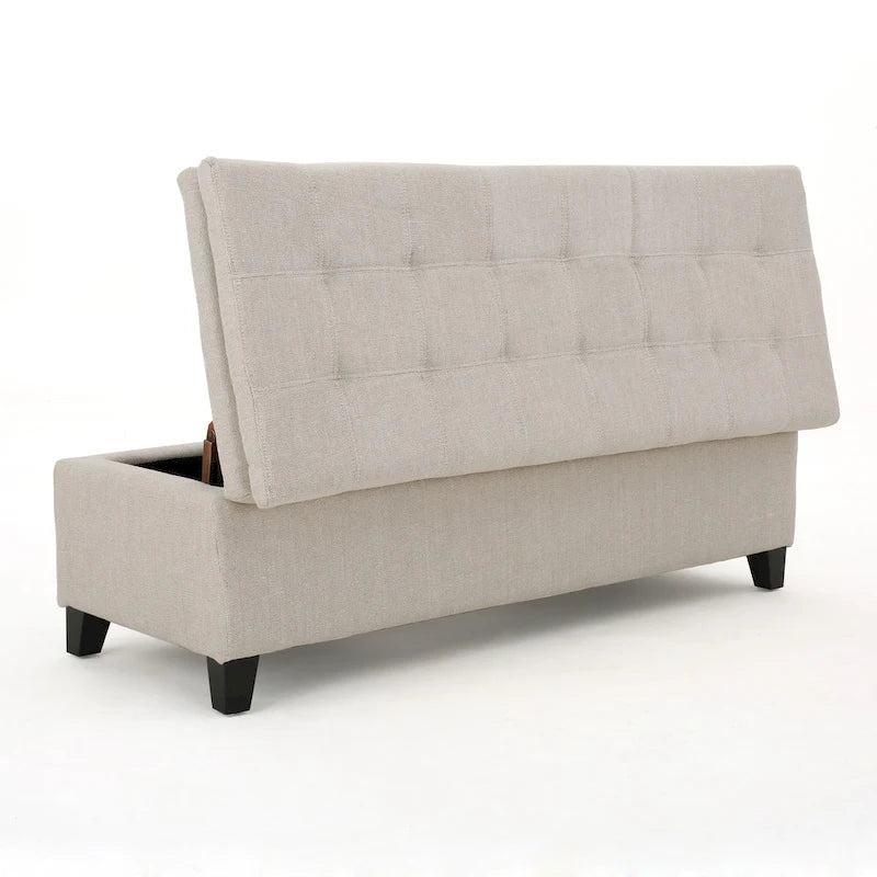 Banc de rangement capitonné en lin avec plateau coussiné