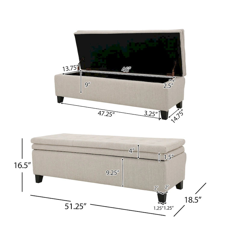 Banc de rangement capitonné en lin avec plateau coussiné