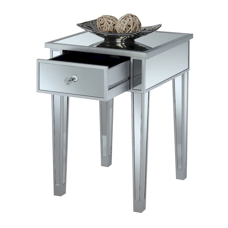 Table d'appoint à 1 tiroir miroir glamour avec poignées en faux cristal