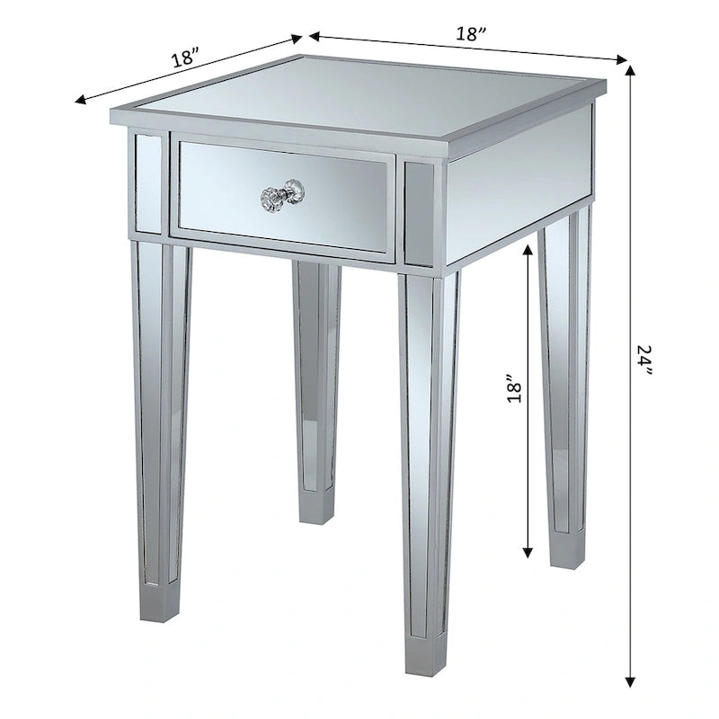 Table d'appoint à 1 tiroir miroir glamour avec poignées en faux cristal