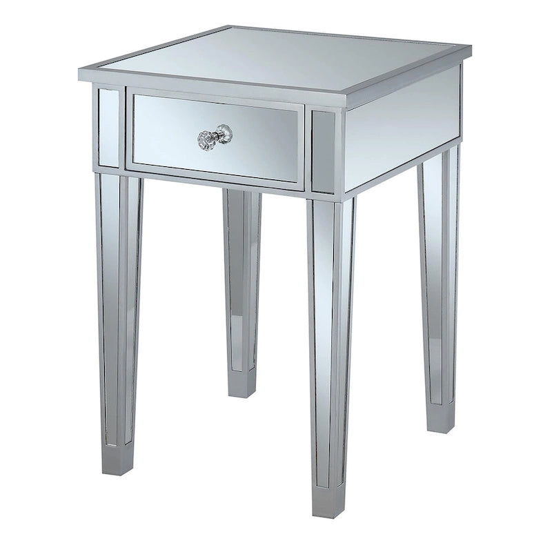 Table d'appoint à 1 tiroir miroir glamour avec poignées en faux cristal