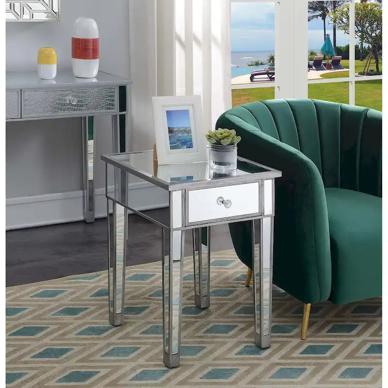 Table d'appoint à 1 tiroir miroir glamour avec poignées en faux cristal