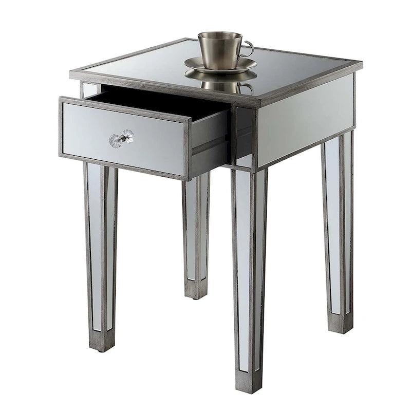 Table d'appoint à 1 tiroir miroir glamour avec poignées en faux cristal