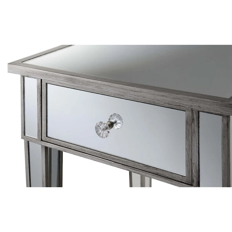 Table d'appoint à 1 tiroir miroir glamour avec poignées en faux cristal