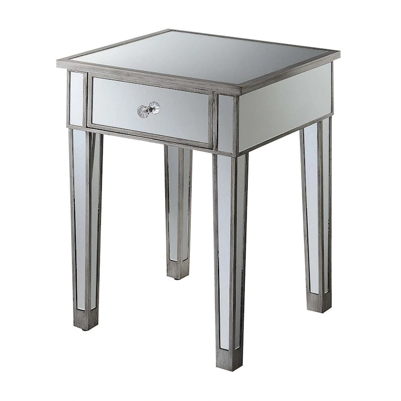 Table d'appoint à 1 tiroir miroir glamour avec poignées en faux cristal
