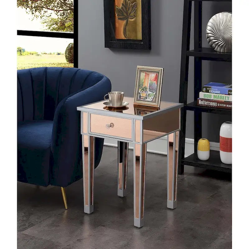 Table d'appoint à 1 tiroir miroir glamour avec poignées en faux cristal