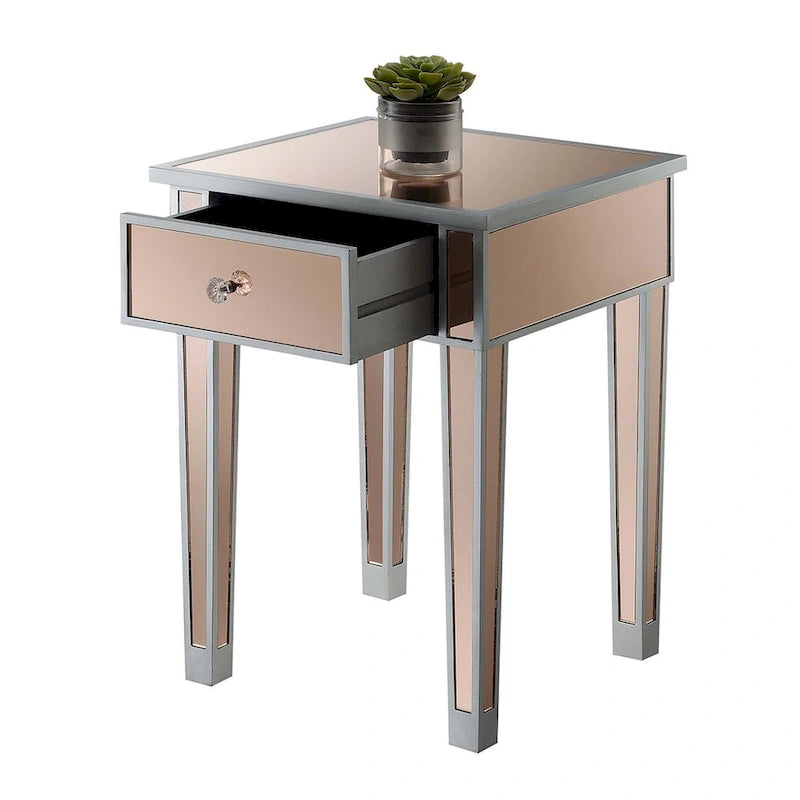Table d'appoint à 1 tiroir miroir glamour avec poignées en faux cristal