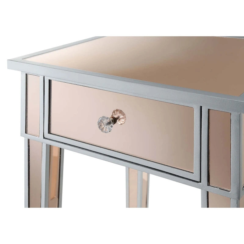 Table d'appoint à 1 tiroir miroir glamour avec poignées en faux cristal