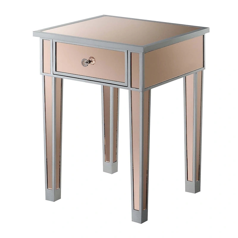 Table d'appoint à 1 tiroir miroir glamour avec poignées en faux cristal