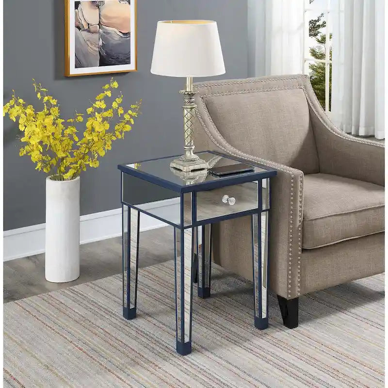 Table d'appoint à 1 tiroir miroir glamour avec poignées en faux cristal