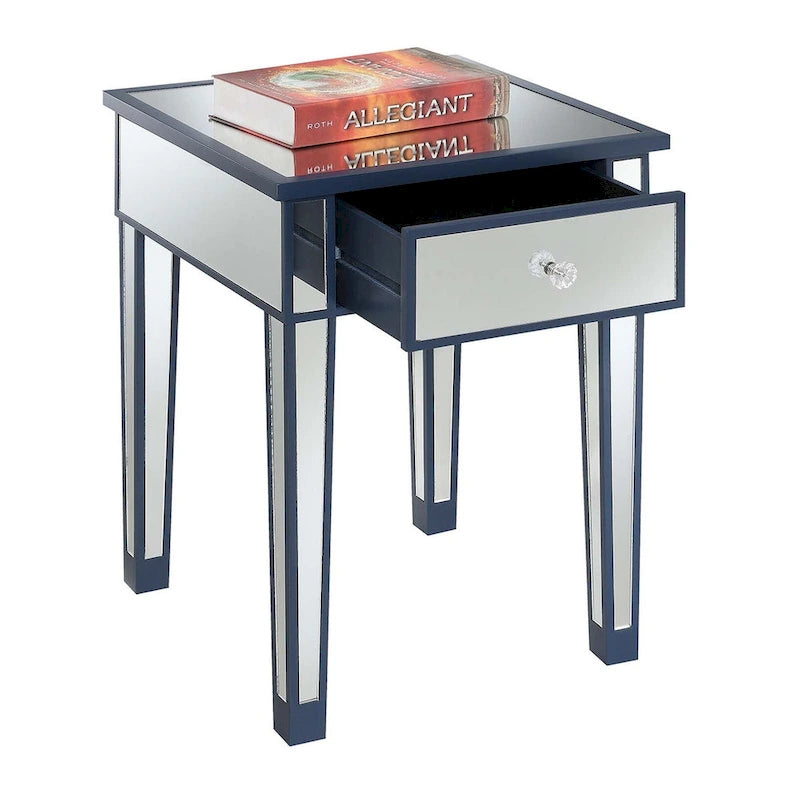 Table d'appoint à 1 tiroir miroir glamour avec poignées en faux cristal