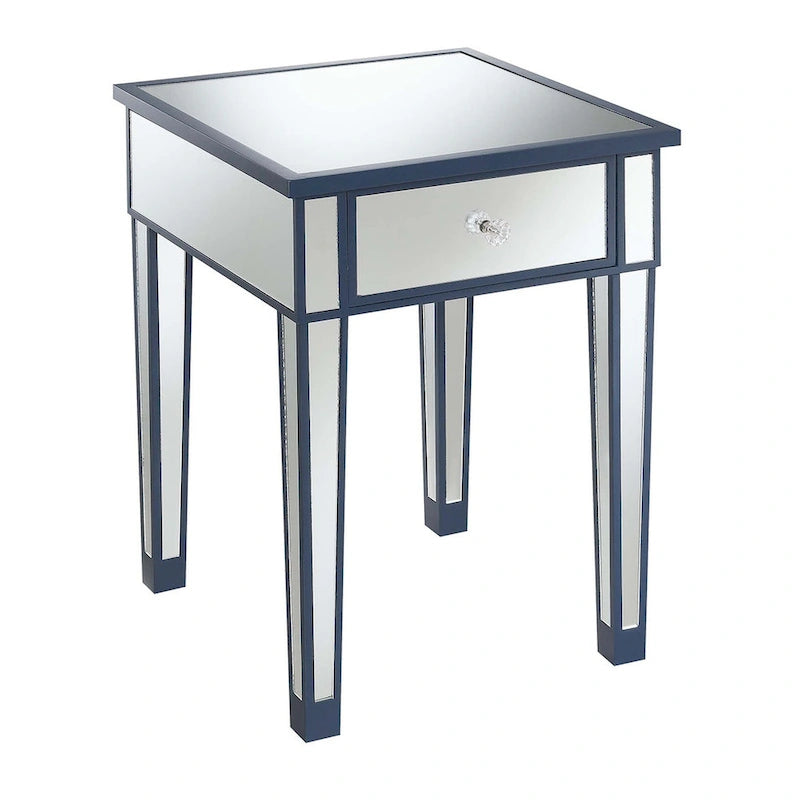 Table d'appoint à 1 tiroir miroir glamour avec poignées en faux cristal