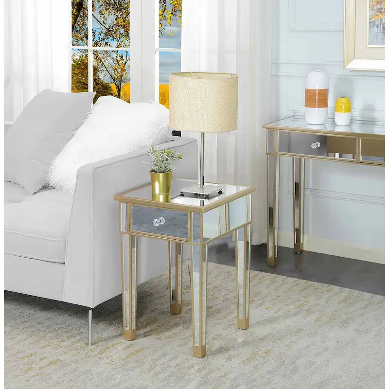Table d'appoint à 1 tiroir miroir glamour avec poignées en faux cristal