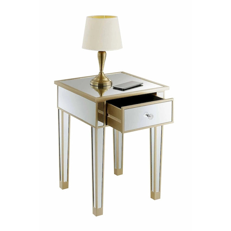 Table d'appoint à 1 tiroir miroir glamour avec poignées en faux cristal