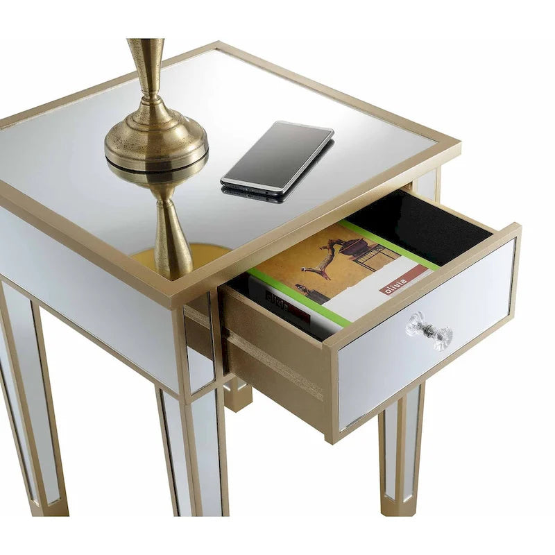 Table d'appoint à 1 tiroir miroir glamour avec poignées en faux cristal