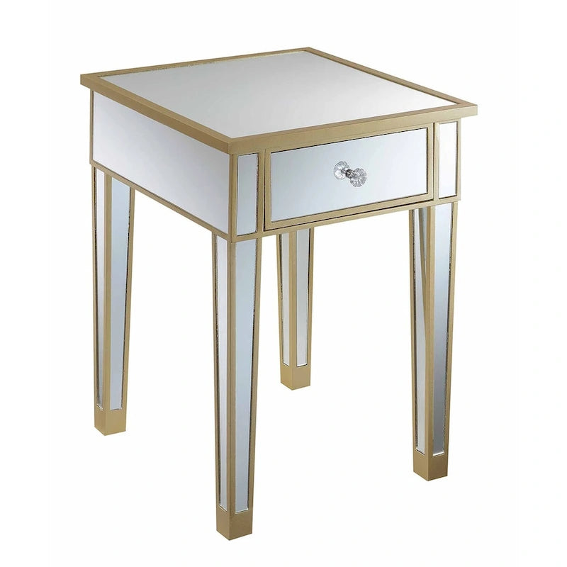 Table d'appoint à 1 tiroir miroir glamour avec poignées en faux cristal